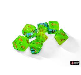 Gemini Plasma Green-Teal/orange Luminary Polyhedral 7-Dice Set